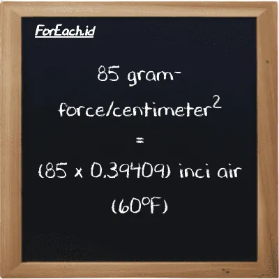 Cara konversi gram-force/centimeter<sup>2</sup> ke inci air (60<sup>o</sup>F) (gf/cm<sup>2</sup> ke inH20): 85 gram-force/centimeter<sup>2</sup> (gf/cm<sup>2</sup>) setara dengan 85 dikalikan dengan 0.39409 inci air (60<sup>o</sup>F) (inH20)